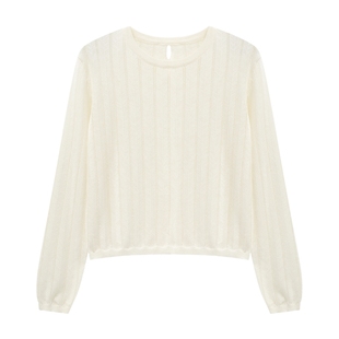 百家好杏色镂空坑条针织衫女士春季新款流行圆领短款休闲套头上衣