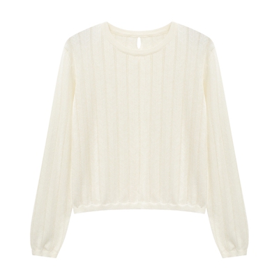 百家好圆领镂空坑条短款针织衫