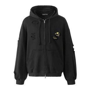 GRAILZ LEARL 水洗黑破坏做旧破洞双层拉链卫衣韩版美式帽衫外套