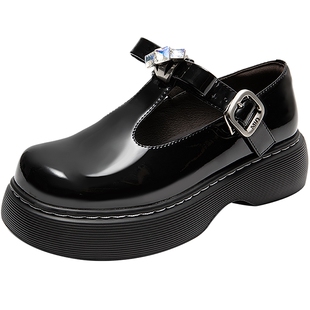 MIO米奥秋季萌酷圆头少女玛丽珍复古T字袢带闪钻蝴蝶单鞋女