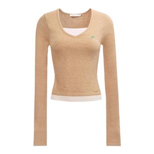 Kroche  柔软时光 玫瑰刺绣撞色v领假两件针织衫秋冬打底