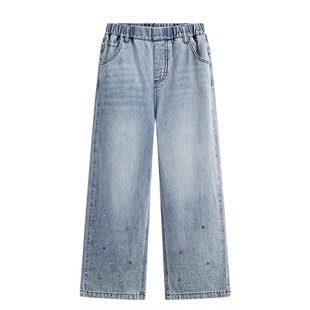 爱法贝2026早春新款儿童宽松亮闪闪裤子浅色满天星烫钻牛仔裤女童