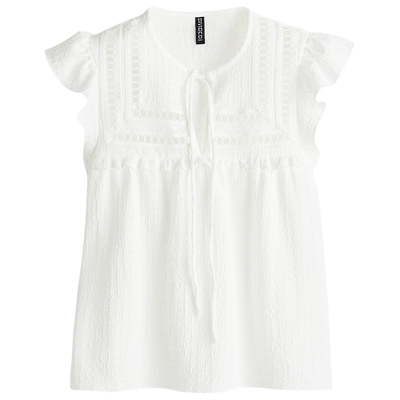 HM女装背心吊带春季中式领V领细绑带荷叶袖上衣1300096