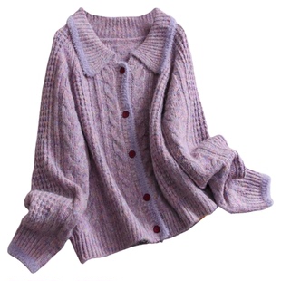 紫色翻领仿貂毛复古绞花加厚毛衣2025冬季新款长袖女装针织衫M965