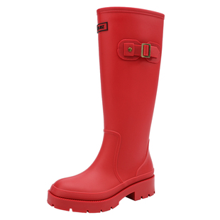 UBZ 户外雨靴女士防水防滑红色战靴骑士长筒靴高颜值雨鞋涉水鞋子
