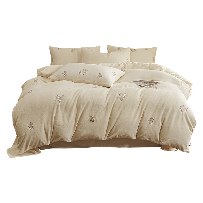 2025新款花卉刺绣牛奶绒床上四件套加厚珊瑚绒被套床单床品冬季