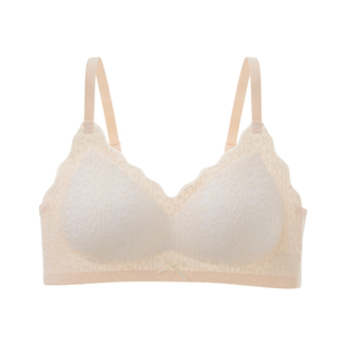 六只兔子法式蕾丝内衣女轻聚拢波浪深V领胸罩无钢圈侧收副乳文胸