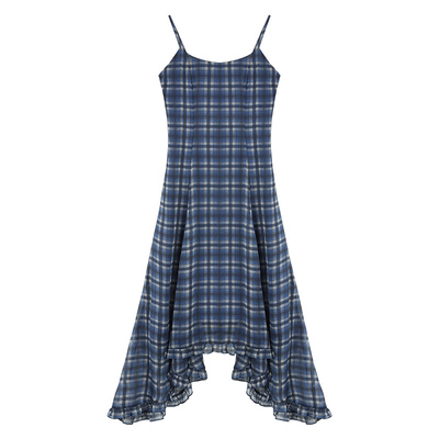 pusumede【现货7.5折】格子吊带连衣裙女雪纺设计感不规则裙子