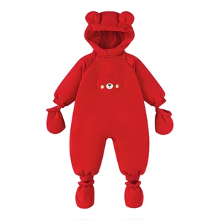 婴儿羽绒服连体衣加厚保暖冬装小月龄宝宝外出男童女孩包脚连身服