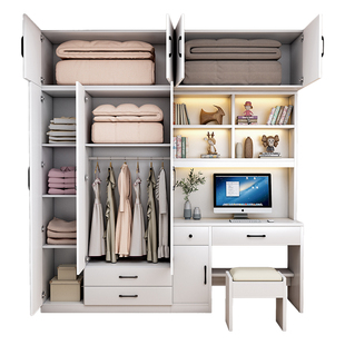 书桌带衣柜一体儿童房电脑桌书柜组合家用卧室带书架实木学习桌