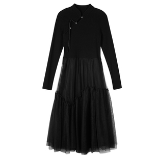 NEELLY纳俪商场同款针织网纱拼接连衣裙女春秋新款黑色新中式长裙