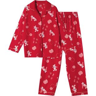 久岁伴儿童睡衣秋冬男女童薄款大红格子纯棉家居服喜庆本命年套装