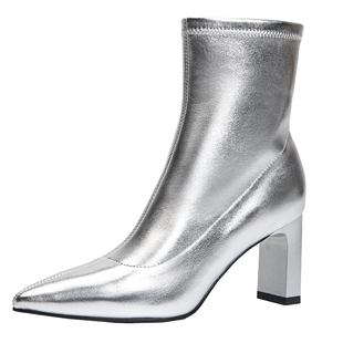 百田森冬季高跟鞋靴子女小个子尖头瘦瘦靴黑色短靴女款真皮羊皮靴