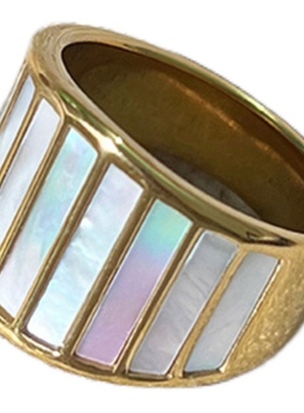 天然白贝母宽版戒指钛钢