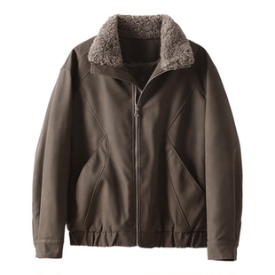 特价 皮毛一体85鸭绒毛领皮衣羽绒服男冬季短宽款麂皮绒外套夹克