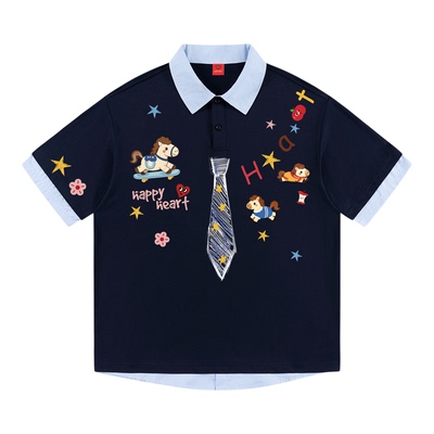 查尔斯桃心卡通涂鸦翻领短袖POLO衫男女夏上新情侣休闲纯棉T恤