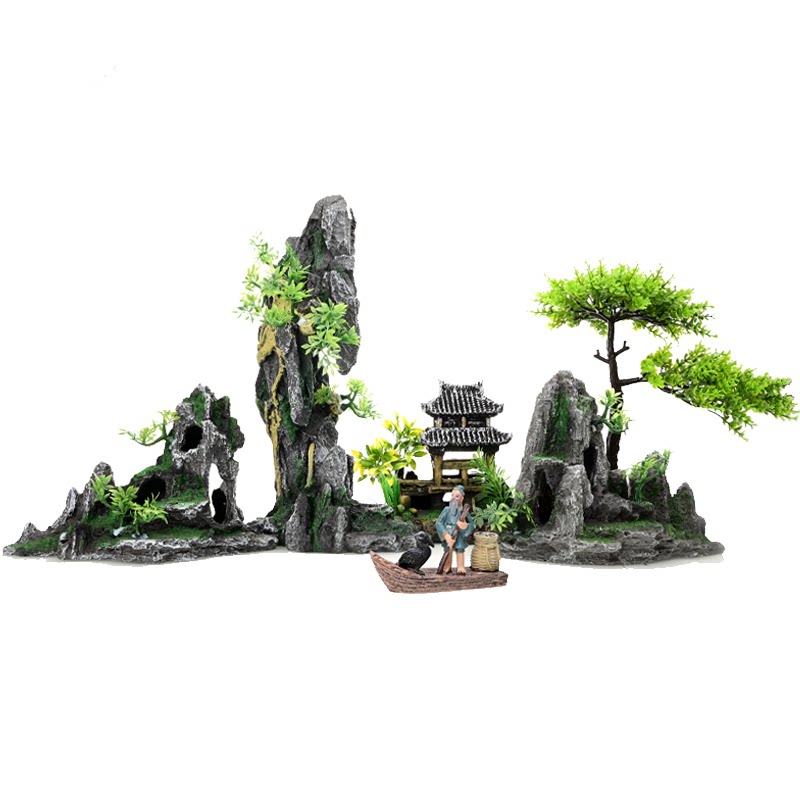 鱼缸造景全套仿真假山装饰水草树小桥渔翁摆件水族布景内饰躲避洞