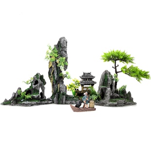 鱼缸造景全套仿真假山装饰水草树小桥渔翁摆件水族布景内饰躲避洞