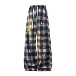 查尔斯桃心复古格纹裤子男冬季新款小狗印花加厚加绒直筒休闲长裤