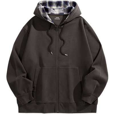 【商场同款】太平鸟男装连帽卫衣新款宽松格纹拼接外套B2CRF3415