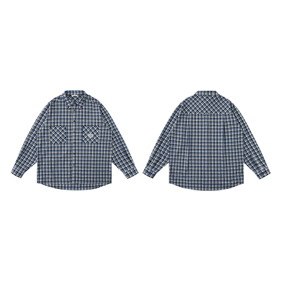 深蓝格纹复古口袋长袖衬衫