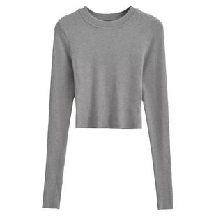 liviahome 欧美性感圆领开叉T恤女冬季短款长袖高腰露脐打底衫