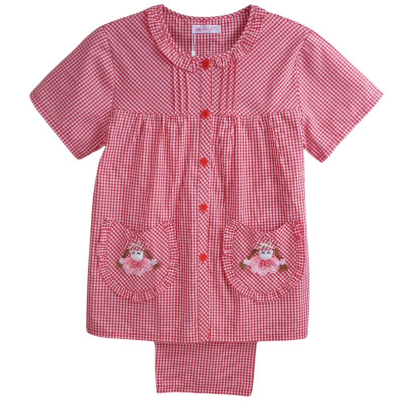 艾贝芬红格子大码薄款前扣短袖长裤套纯棉麻睡衣家居服月子服女夏