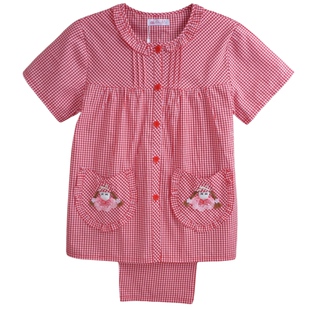 艾贝芬红格子大码薄款前扣短袖长裤套纯棉麻睡衣家居服月子服女夏