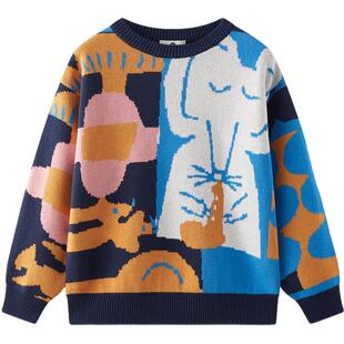 MQD童装男童女童毛衣针织衫25春季新款趣味满版撞色儿童上衣潮