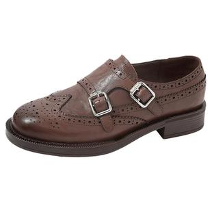 康莉真皮深口单鞋女秋冬季新款牛皮粗跟百搭英伦复古系带皮鞋女鞋