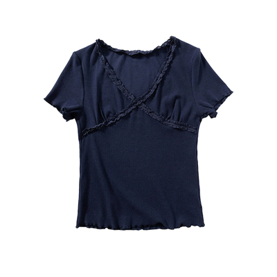 晶咕白标DADATATA【甜心meloday】胸前拼接V领短袖T微胖独特上衣