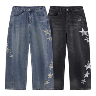 NARTALIY星芒代码美式星星贴布水洗做旧牛仔裤男秋直筒阔腿弯刀裤