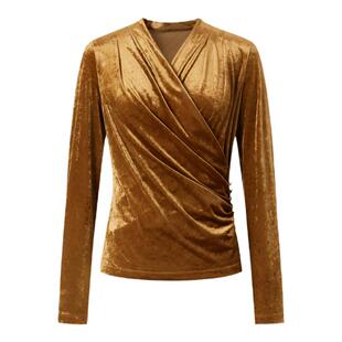 IMM尹默春醋酸针织丝绒面料老钱复古风棕茶金长袖上衣女