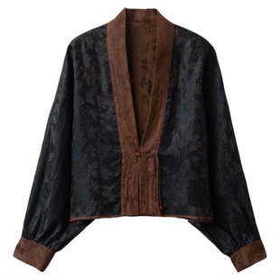 一丝牵 双面穿香云纱蝙蝠袖真丝开衫外套桑蚕丝提花国风V领茶服秋