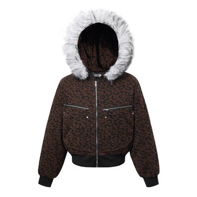 轻亚暗调豹纹毛领连帽座山雕外套