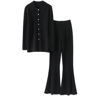 上身那叫好看！翻领羊绒开衫女纯山羊绒毛衣休闲裤喇叭裤羊绒套装