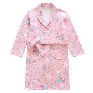 儿童秋冬纯棉空气层睡袍女童可爱娃娃全棉三层保暖系扣亲子装浴袍