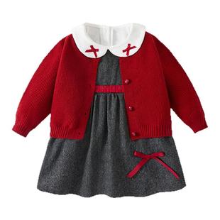女童连衣裙公主裙周岁女宝礼服洋气小公主冬装新年服装红色针织衫