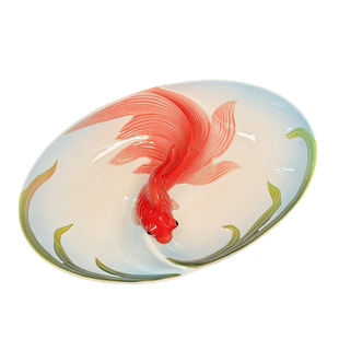 花水木金鱼陶瓷浮雕餐具锦鲤饺子盘釉下彩家用双格干果盘零食盘