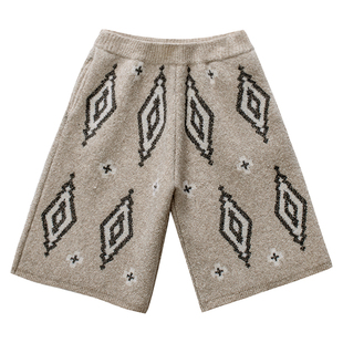 322WORKHOUSE羊毛针织短裤女士2025新款秋冬驼色五分休闲裤子B813