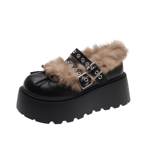 松糕厚底增高玛丽珍毛毛鞋女2025新款冬季保暖勃肯棉鞋加绒小皮鞋