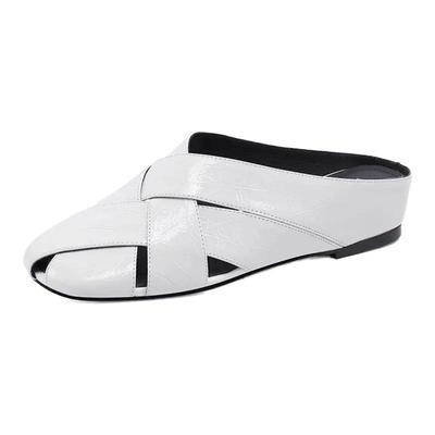 奇尔怡2025新款真皮包头半拖鞋女外穿时尚百搭低跟编织镂空凉拖鞋