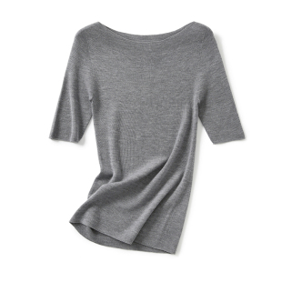 爆可机洗无缝18针60支超细精纺100%羊毛中袖一字领针织修身打底衫