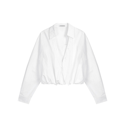 假两件拼接v领白色衬衫女