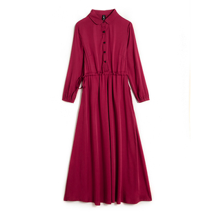 2024早秋新款旅行文艺酒红色天丝棉连衣裙女宽松显瘦百搭长袖长裙
