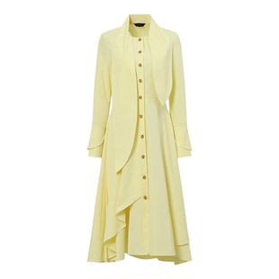 莱芙艾迪儿女装荷叶边丝巾领衬衫裙秋季精致都市鹅黄色连衣裙