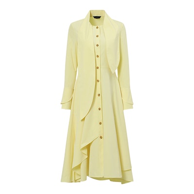 莱芙艾迪儿女装荷叶边丝巾领衬衫裙秋季精致都市鹅黄色连衣裙