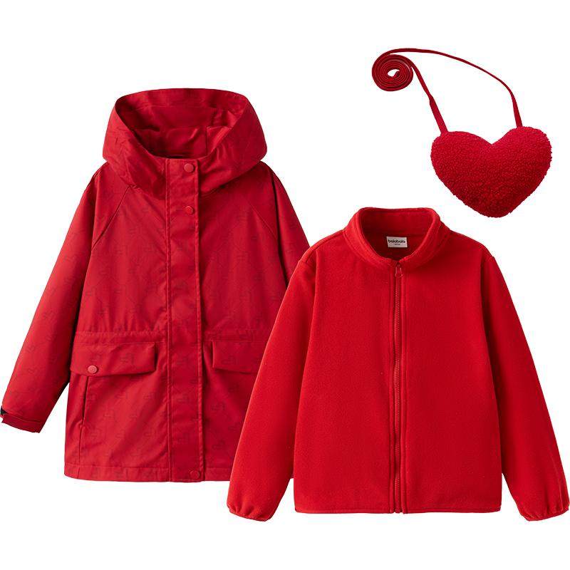 巴拉巴拉童装女童外套儿童2025两件套红红色拜年服潮