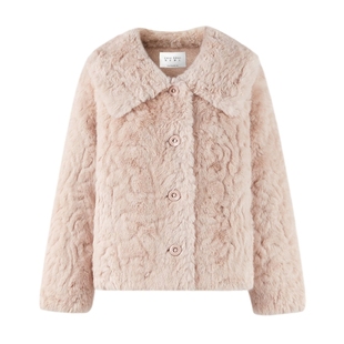 秋水伊人复古优雅翻领仿皮草外套2025年冬季新款气质风抽绳短上衣