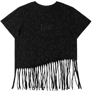 Lee商场同款舒适版101+豹纹满印流苏圆领黑色女短袖T恤休闲潮流